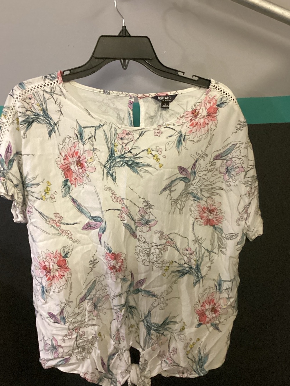 Buffalo David Bitton White Floral Tie-Front Blouse with Pink & Blue Accents